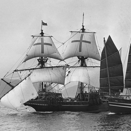 The Golden Hinde (left) and the Huan in Victoria Harbour on January 29, 1980. Photo: SCMP