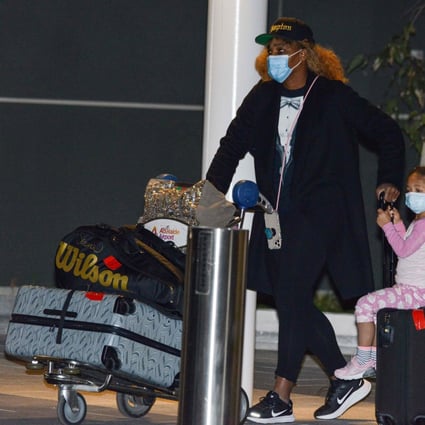 Serena Williams and her daughter Alexis Olympia Ohanian Jnr arrive before heading straight to quarantine for two weeks’ isolation. Photo: AFP