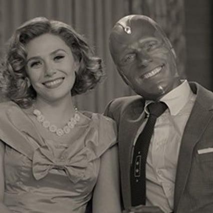 Elizabeth Olsen (left) and Paul Bettany in a still from WandaVision on Disney+, a fiercely original, black-and-white sitcom featuring two characters from the Marvel Cinematic Universe, Wanda Maximoff and android Vision. Photo: courtesy Disney