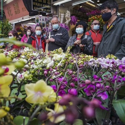 Customers check out festive blooms at the flower market in Prince Edward. Photo: Felix Wong