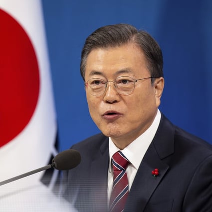South Korean President Moon Jae-in speaks during an online press conference with local and foreign journalists at the Presidential Blue House in Seoul on Monday. Photo: AP