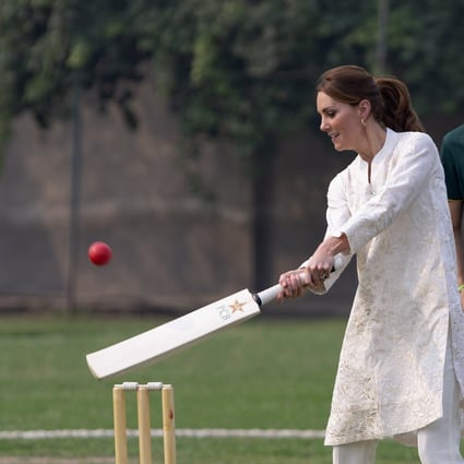 Kate Middleton wore a pair of Oak Leaf hoop earrings from Asprey during her visit at the Pakistan Cricket Academy in Lahore, Pakistan, 2019. Photo: AP
