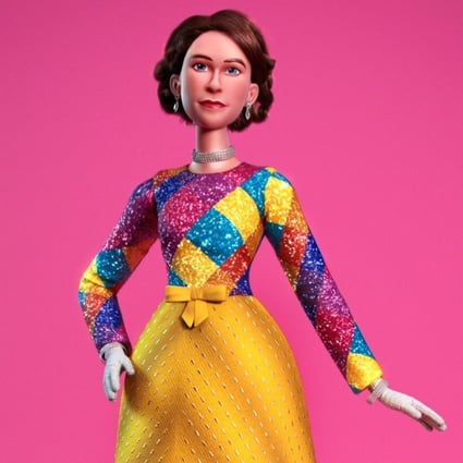 Queen Elizabeth in 1999 and a doll produced by The Toy Zone featuring the same outfit – one of seven the company created to celebrate the British monarch’s style.
