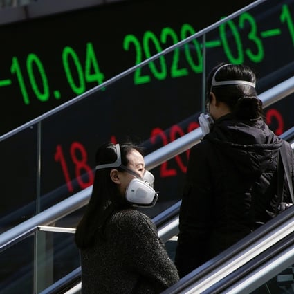 Pedestrians near an overpass with an electronic board showing stock information at the Lujiazui financial district in Shanghai on March 17, 2020. Photo: Reuters