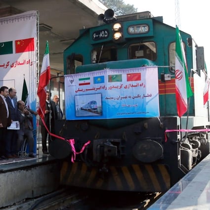 A Chinese goods train arrives in the Iranian capital Tehran on February 15, 2016, as part of China’s Belt and Road Initiative. A planned Istanbul-Tehran-Islamabad train route will also fit into Chinese President Xi Jinping’s signature trade and infrastructure plan. Photo: EPA