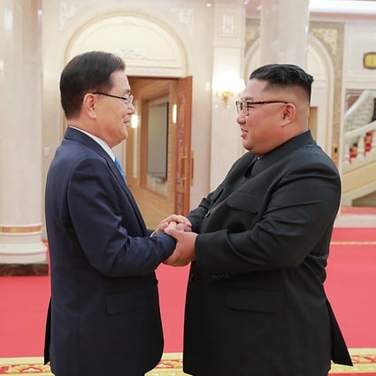 Chung Eui-yong (left), South Korea’s new foreign minister, meets North Korean leader Kim Jong-un in Pyongyang in 2018. Photo: Xinhua