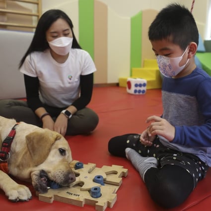 Six-year-old Helios Tang takes part in the Rise Wise organised Animal Assisted Intervention programme, with behavioural therapist Shermain Tan and therapy dog, Isla, at Kwun Tong, Hong Kong. Animal therapy is being used to help relieve physical and mental health issues in the young, elderly and sick in Hong Kong. Photo: Xiaomei Chen