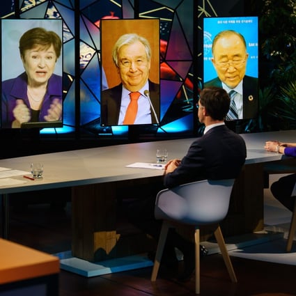 From left, IMF managing director Kristalina Georgieva, UN Secretary-General Antonio Guterres and Ban Ki-moon, former UN secretary-general and co-chair of the Global Commission on Adaptation, at the opening session of the Climate Adaptation Summit 2021 via video link. Photo: Xinhua