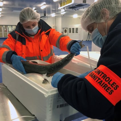 Agents carry out sanitary control checks on salmon exported from Britain in the port of Boulogne-sur-Mer, France. Photo: Reuters