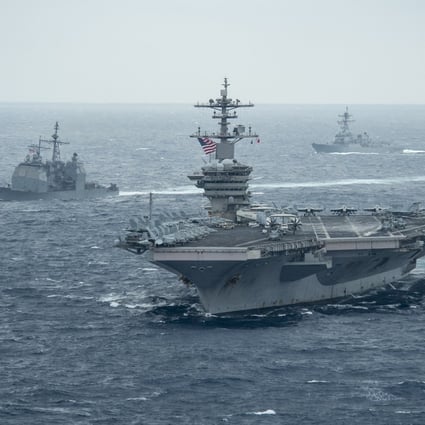 The USS Theodore Roosevelt leads the USS Bunker Hill (left) and USS John Finn across the Pacific this month. Photo: USS Theodore Roosevelt