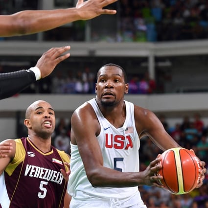 Team USA guard Kevin Durant drives to the Venezuela basket in a group A men’s basketball match at the Rio 2016 Olympic Games. Photo: AFP