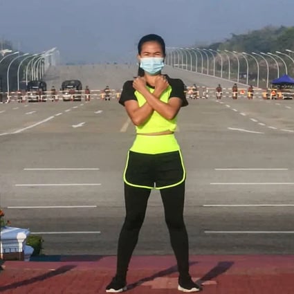 Aerobics instructor Khing Hnin Wai does a dance workout against the backdrop of Myanmar's unfolding military coup. Photo: Facebook