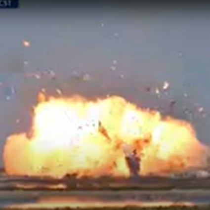 The Starship SN9 explodes on landing as SpaceX conducts a test flight on Tuesday. Photo: SpaceX via AFP