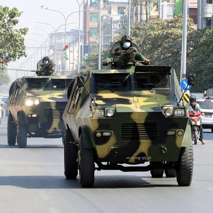Armoured military vehicles on the streets of Mandalay after the military coup. Photo: Reuters