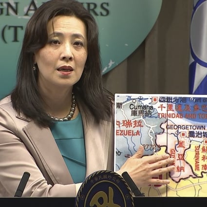 Taiwan’s foreign ministry spokeswoman Joanne Ou shows a map of Guyana at a press conference on Thursday. Photo: AP Photo