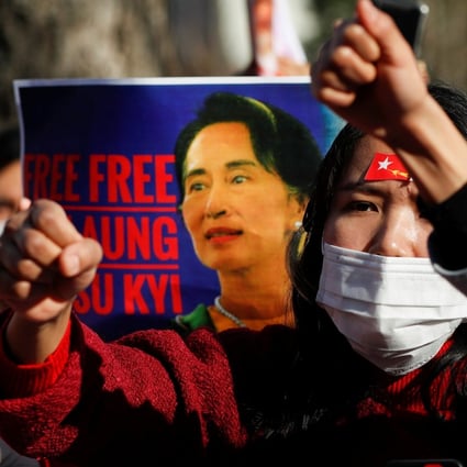 Myanmar nationals living in Japan at a February 3 protest against the military coup. Photo: Reuters