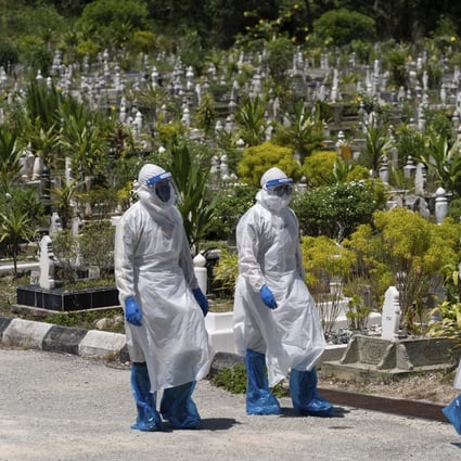 Workers wearing personal protective equipment leave after burying a victim of the coronavirus disease at a Muslim cemetery in Gombak, on the outskirts of Kuala Lumpur, Malaysia. Photo: AP