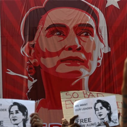 Protesters stand in front of a huge banner of detained Myanmar leader Aung San Suu Kyi. The military coup could quietly restart discreet geopolitical cooperation between Beijing and the new Biden administration in Washington. Photo: AFP