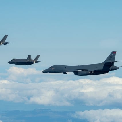 A US Air Force B-1B bomber with Norwegian Air Force F-35A jets. File photo: AFP