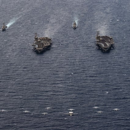 The USS Theodore Roosevelt and USS Nimitz aircraft carrier strike groups carry out joint operations in the South China Sea on Tuesday. Photo: US Navy