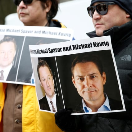 Supporters of Canadian detainees Michael Spavor and Michael Kovrig outside an extradition hearing for Huawei Technologies’ Meng Wanzhou in 2019. Photo: Reuters