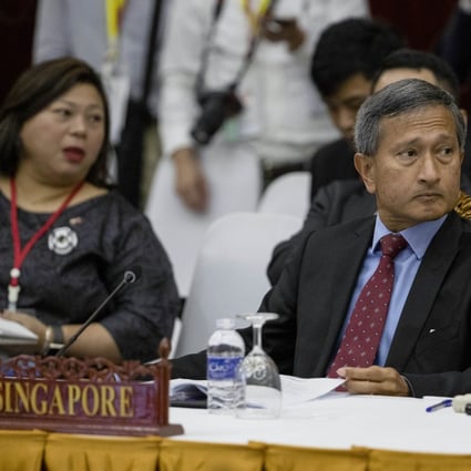 Singapore's Foreign Minister Vivian Balakrishnan, right, said he hoped Myanmar President Win Myint and civilian leader Aung San Suu Kyi would be released from detention. Photo: AP