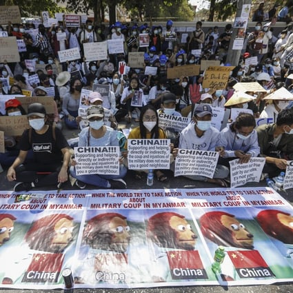 Demonstrators protest in front of the Chinese embassy in Yangon, Myanmar. Photo: EPA-EFE