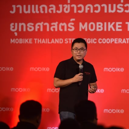 Xia Yiping, co-founder of Mobike, giving a speech about bike-sharing at the Mobike Thailand Strategic Cooperation Conference in Bangkok on August 30, 2017. Photo: Xinhua