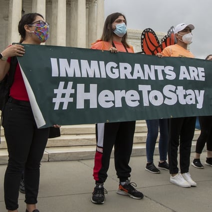 Deferred Action for Childhood Arrivals students celebrate in front of the Supreme Court after President Donald Trump’s effort to end legal protections for young immigrants was rejected in June 2020. Photo: AP