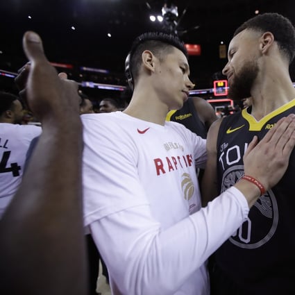 Toronto Raptors guard Jeremy Lin greets Golden State Warriors guard Stephen Curry after the 2019 NBA Finals. Lin has not played in the NBA since. Photo: AP
