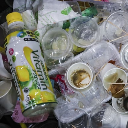Plastic waste on the second day of the HKTDC Food Expo, International Tea Fair, Home Delights Expo and Beauty and Wellness Expo at the Hong Kong Convention and Exhibition Centre in Wan Chai on August 17, 2018. Photo: K.Y. Cheng
