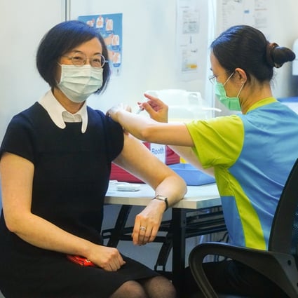 Secretary for Food and Health Sophia Chan receives a Covid-19 vaccine at the community vaccination centre at the Central Library in Causeway Bay on February 22. Photo: Sam Tsang