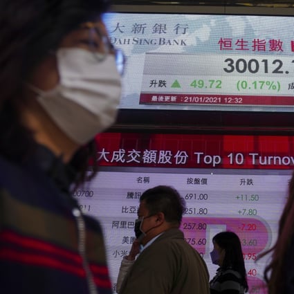 A electric monitor shows the Hang Seng Index in Central, Hong Kong. Photo: Sam Tsang
