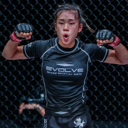 Victoria Lee celebrates after her second-round submission win vs Sunisa Srisen at ONE: Fists of Fury in Singapore. Photo: ONE Championship
