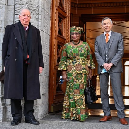 Ngozi Okonjo-Iweala with World Trade Organization (WTO) deputy directors general Alan Wolff (left) and Karl Brauner in Geneva on Monday. Photo: AFP