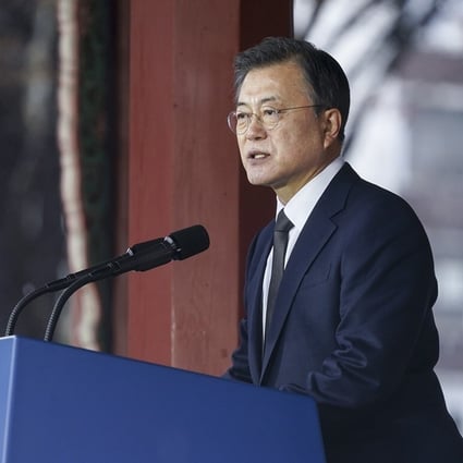 South Korean President Moon Jae-in speaks to mark the 102nd anniversary of the March 1 Independence Movement, the Korean uprising against Japanese colonial rule. Photo: Xinhua