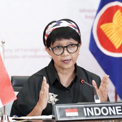 Indonesian Foreign Minister Retno Marsudi speaks during a virtual informal meeting with Asean foreign ministers and representatives on March 2. Photo: Reuters