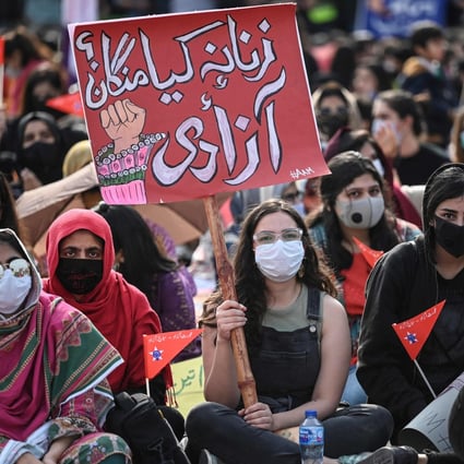 Woman at the Aurat March in Islamabad mark International Women's Day. Photo: AFP