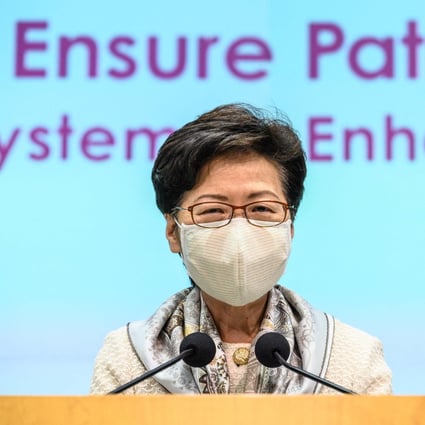 Hong Kong Chief Executive Carrie Lam speaks to the press at government headquarters on Thursday. Photo: AFP
