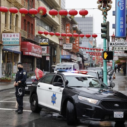 San Francisco Police patrol in San Francisco’s Chinatown on Thursday. Photo: EPA-EFE