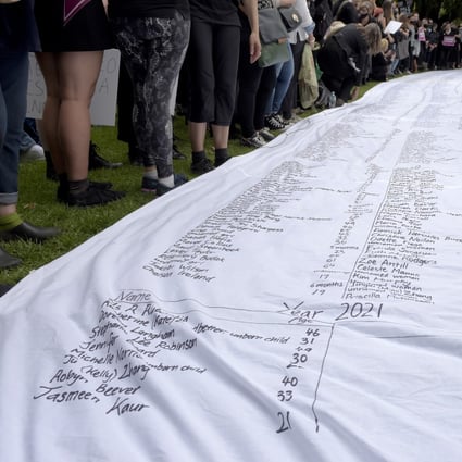The names and ages of female victims of sexual abuse are displayed on a length of fabric at a March4Justice rally at Treasury Gardens in Melbourne, Australia. Photo: Bloomberg
