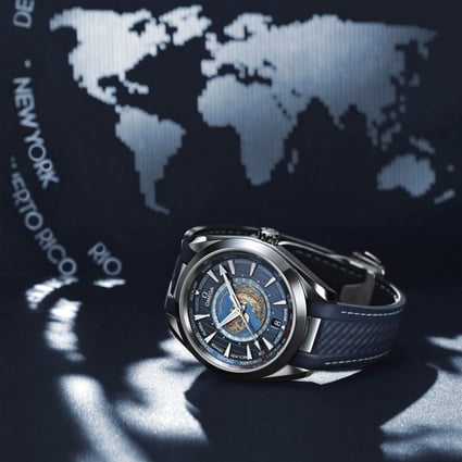 Omega’s Seamaster Aqua Terra Worldtimer features a Master Chronometer-certified movement inside a stainless steel case, with a strap option in blue rubber. Photo: Omega