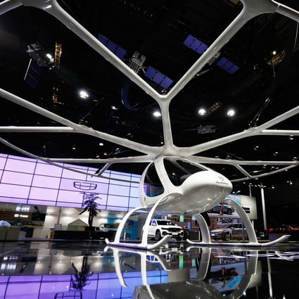 Volocopter 2X, a two-seater electric air taxi shaped like a helicopter, was displayed at the Geely booth during the recently concluded 2021 Shanghai Auto Show. Photo: Handout