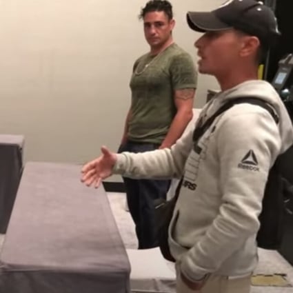 Diego Sanchez’s (left) self-awareness coach Joshua Fabia (right) speaks to the UFC broadcast team on Fight Island. Photo: Instagram/@diegonightmaresanchezufc
