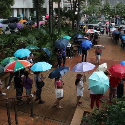 Domestic workers queue up for Covid-19 tests outside Hong Kong’s Quarry Bay Community Hall on Monday. Photo: Xiaomei Chen