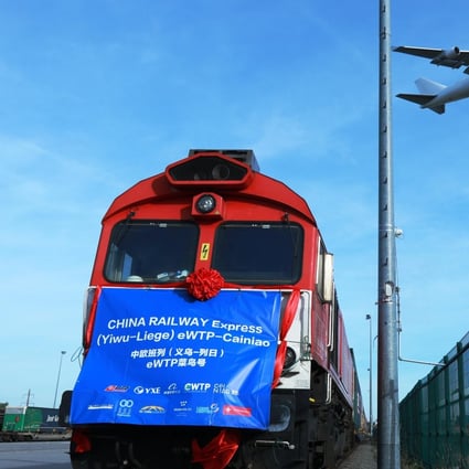 The arrival of the inaugural freight train service from eastern China's Yiwu to Liege in Belgium on November 19, 2020. Photo: Xinhua.