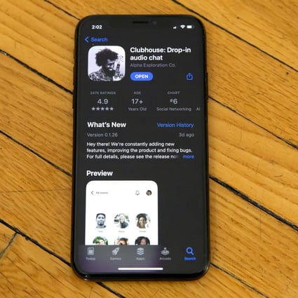 Apple's App Store page for the social media app Clubhouse is displayed on a smartphone screen. Photo: AP