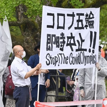 Japanese protesters outside Heiwadai Athletic Stadium in Fukuoka, reflecting concerns about the coronavirus before the Olympic Games. Photo: Kyodo