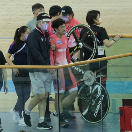 Hong Kong's Law Tsz-chun walks off the track after a fall in the men's keirin qualifier race at the UCI Track Cycling Nations Cup at the Hong Kong Velodrome in Tseung Kwan O. Photo: SCMP / May Tse
