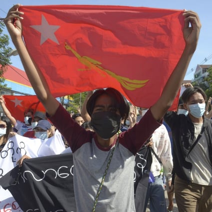 Anti-coup protesters during a demonstration in Yangon, Myanmar on Friday. Photo: AP